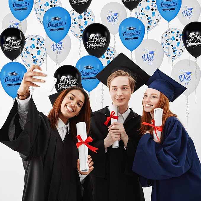 60 Pcs Graduation Balloons Class of 2026 Graduation Decorations - 12 Inch Congrats Grad Balloons Blue Black and White Latex Balloon Grad Party Decorations for College, High School