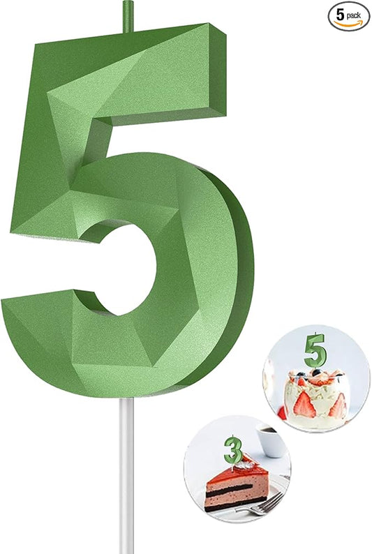 Number Birthday Candles(5 Candle Green) 3D Diamond Shape Number Happy Birthday Cake Candles for Birthday Party Wedding Decoration Reunions Theme Party