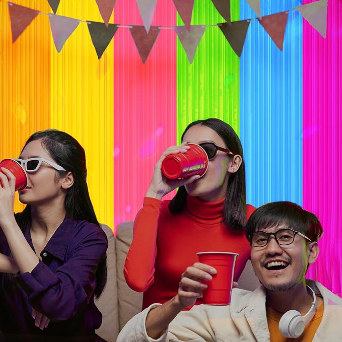 4 Pack Glow in The Dark Curtains Party Supplies 6.6 x 3.3 Ft Glow Tinsel Foil Fringe Curtains Colorful Patchwork Streamer Backdrop for Birthday Holiday Neon Party Decorations