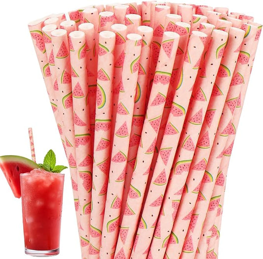 Whaline 200Pcs Watermelon Paper Straws Summer Fruit Drinking Straw Pink Red Watermelon Disposable Straw for One in A Melon Baby Shower Party Supplies