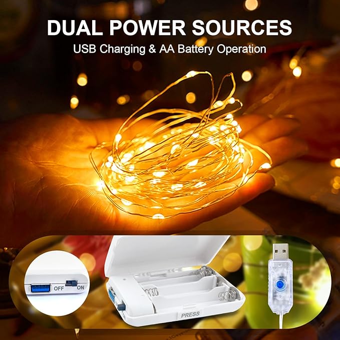 Aogist 50LED Fairy Lights 16ft Dual Power(USB/Battery) with Remote & Timer, 8 Modes Flexible Copper Wire Waterproof String Lights for Outdoor Christmas Wedding Bedroom Party Decor-1 Pack,Warm White