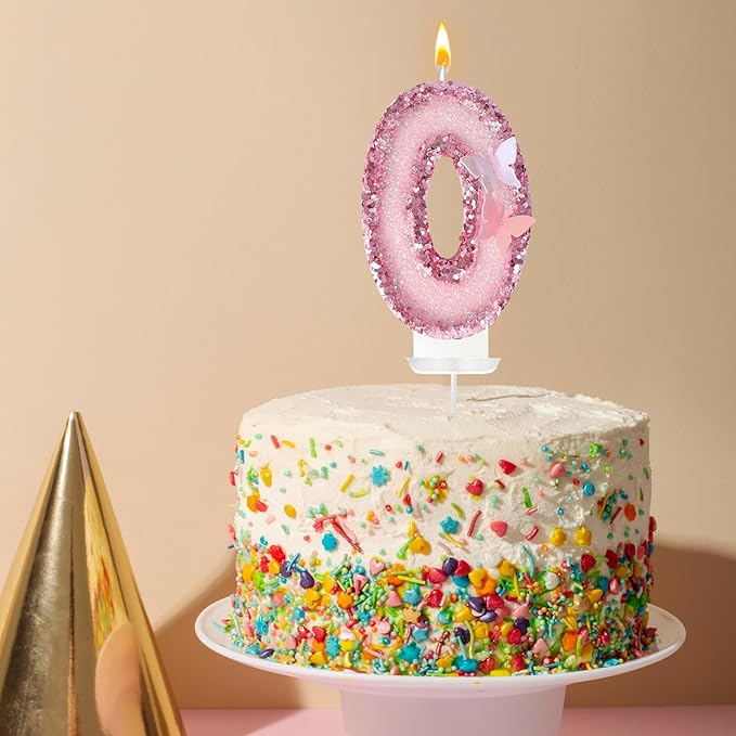 Birthday Candles，Glitter Butterfly Cake Toppers Pink Sequins Wedding Numeral Cupcake Decorations，Suitable for Girl and boy Wedding Cakes, Party Celebrations, Birthday Decorations (Number 0)