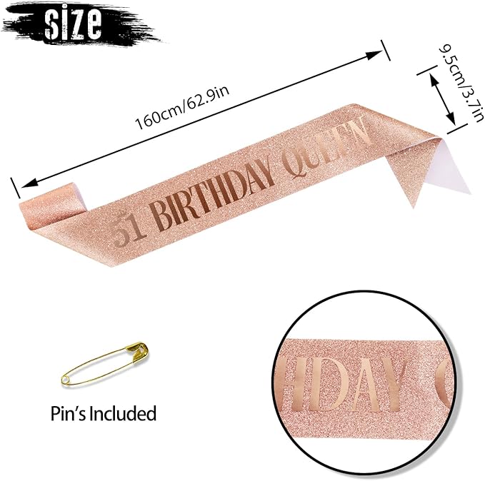 51 Birthday Queen 51st Birthday Sash for Women, Rose Gold Glitter Sash with Foil