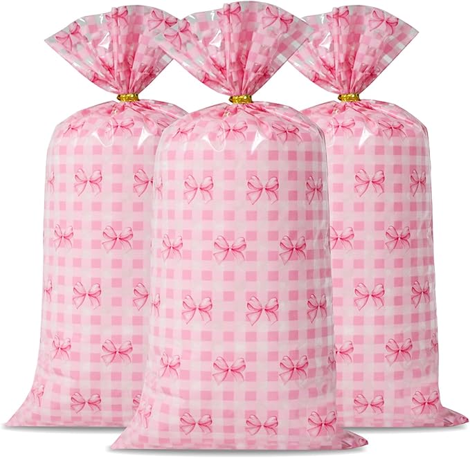 Docvania Cello Cellophane Treat Gift Bags Pink bow Cookie Bags 100 pcs 5 X 11 Goodie Bag with Ties for Mother's Day, Valentine's Day and Parties, Weddings