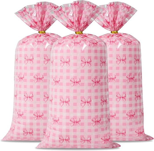 Docvania Cello Cellophane Treat Gift Bags Pink bow Cookie Bags 100 pcs 5 X 11 Goodie Bag with Ties for Mother's Day, Valentine's Day and Parties, Weddings