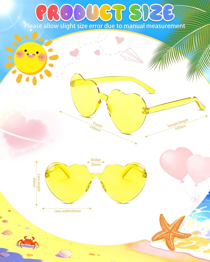 12 Pairs Heart Shaped Sunglasses Candy Color Rimless Fun Heart Glasses for Women Party Favors