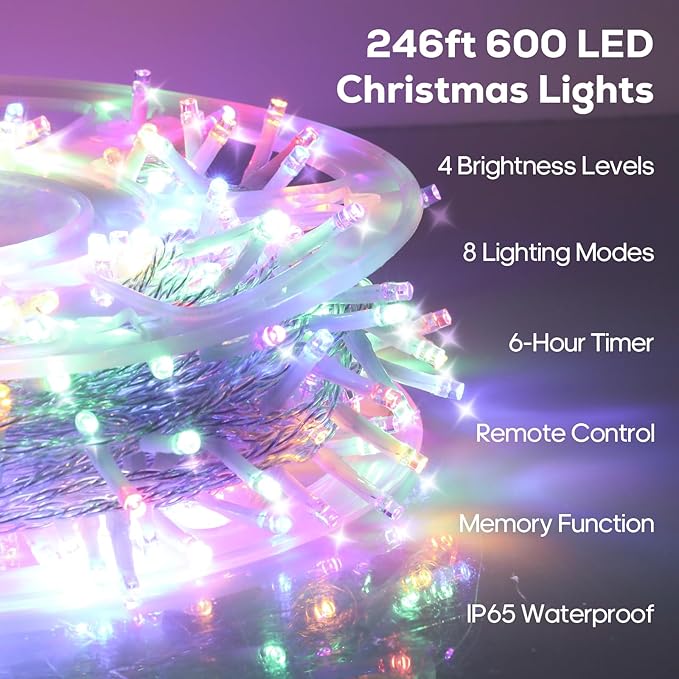 600 LED Christmas Lights, 246FT Outdoor Waterproof String Lights with Remote, Timer & Memory Function & 8 Modes, Twinkle Lights Plug in for Christmas Tree, Patio, Outside. Multicolor