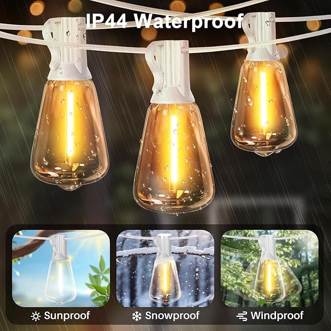 LAMPHOME 2-Pack 26FT Outdoor Patio Lights, 2700K Warm White String Lights，12+1 LED Waterproof Shatterproof Edison Bulbs, Dimmable with Timer for Garden Backyard Yard Hanging Lighting