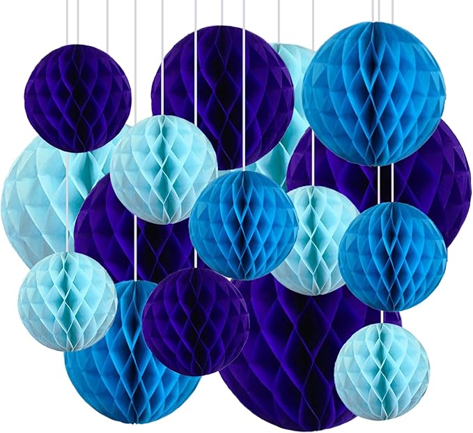 16 Pack Tissue Paper Honeycomb Balls, Poms Birthday Baby Shower Wedding Decorations (Blue Shade)