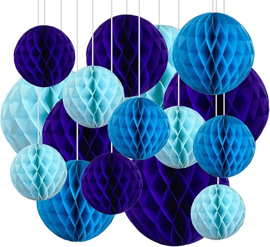 16 Pack Tissue Paper Honeycomb Balls, Poms Birthday Baby Shower Wedding Decorations (Blue Shade)