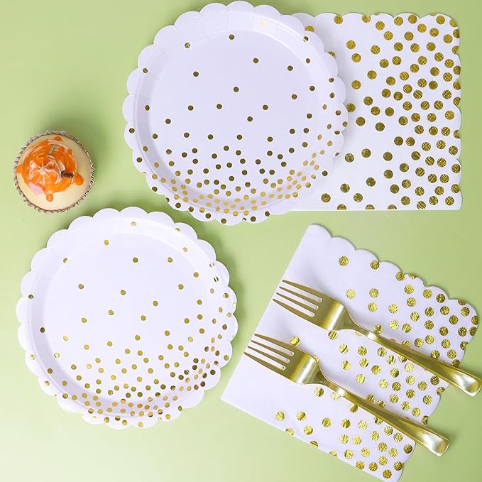 Gold Plates and Napkins Party Supplies, 35 7??White and Gold Party Paper Plates, Disposable Plate for Wedding Birthday Birthday Decoration Tableware