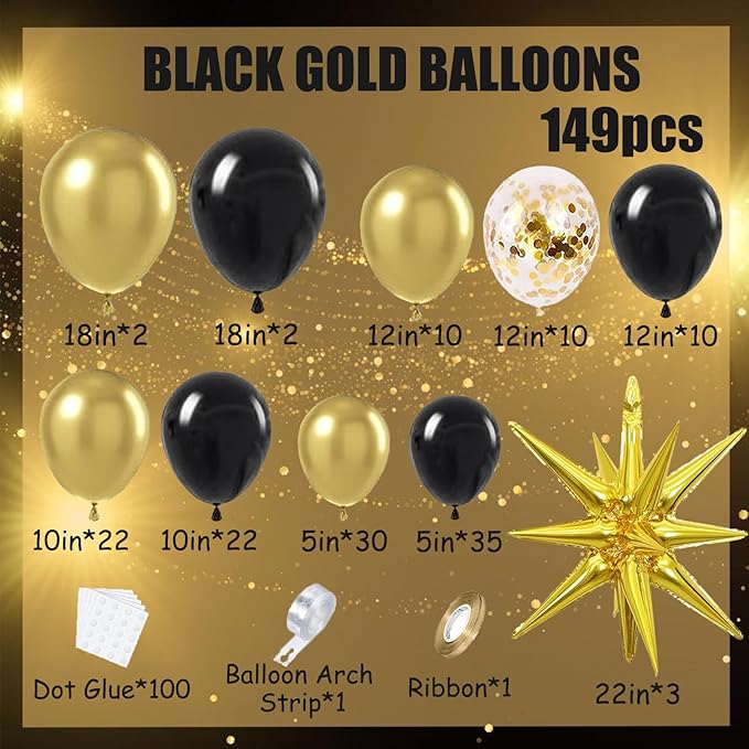 Graduation Balloon Arch Kit 2026, 149pcs black and gold Balloons with Star, Black and Gold Party Decorations for Class of 2026 Decorations New Years Anniversary Retirement Birthday Party Decorations