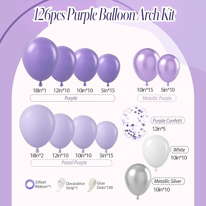 Purple Balloons Garland Arch Kit, 126pcs Lavender Party Decorations with Metallic Silver Purple Confetti Balloons for Butterfly Birthday Wedding Baby Shower Party Decorations