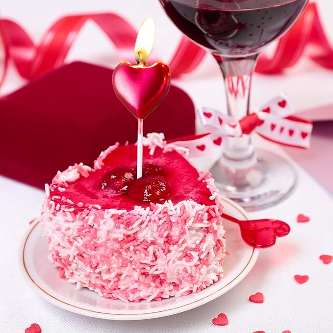 BBTO Metallic Heart Birthday Cake Candles Cupcake Topper Candles Cake Dessert Holders for Wedding, Anniversary, Romantic Night, Mother's Day, Party Decoration(10,Red)