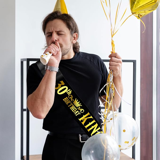 30th Birthday King Sash with Gold Foil - Soft Satin Black 30th Birthday Sash for Men 30th Fabulous Bday Party, Great for Men 30 Bday Gifts Ideas, Large Enough Size (35.4x3.74 inch)