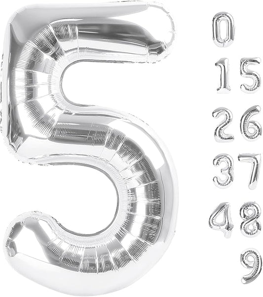 Balloon Numbers 40 Inch 5 Ballon for 5th Birthday Decorations, 15 25 35 50 Big Silver Number Balloons for Wedding Photo Shoot Party Decor