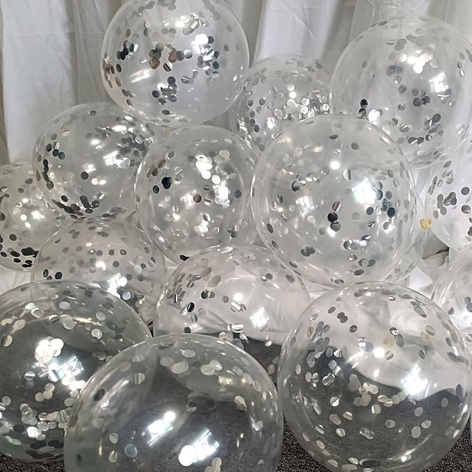 KIRIKOU Pack of 24 Pieces Confetti Balloons 12 Inch Latex Party Balloons for Party Decorations, Wedding, Engagement, Bridal, Birthday and Shower (Silver)