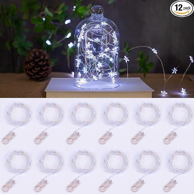 12 Packs 6.6ft 20 LEDs Star Fairy Lights Battery Operated,Mini Star String Lights,Waterproof Twinkle Starry Light for DIY Bottle Table Christmas Ramadan Wedding Halloween Decor,Cool White