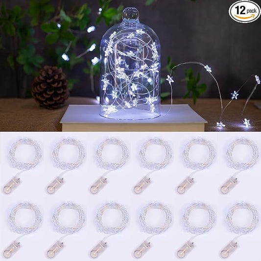 12 Packs 6.6ft 20 LEDs Star Fairy Lights Battery Operated,Mini Star String Lights,Waterproof Twinkle Starry Light for DIY Bottle Table Christmas Ramadan Wedding Halloween Decor,Cool White