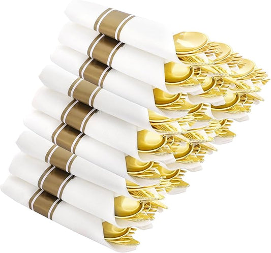 Supernal Set of 60 Wrapped Plastic Silverware Gold Pre Rolled Silverware Set Disposable,Plastic Cutlery for Parties,Disposable Cutlery Heavy Duty with Linen Napkins For Weddings Birhday