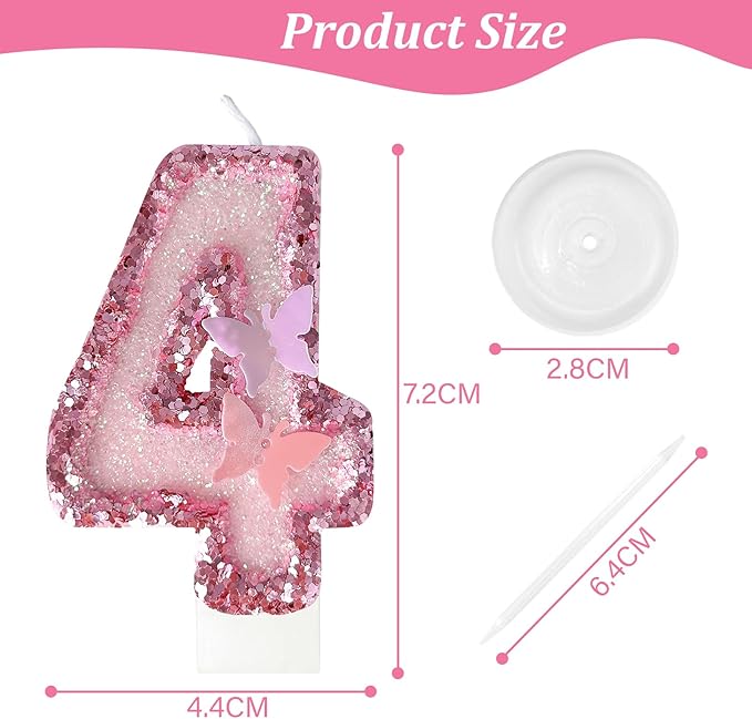 40Th Birthday Candles，Glitter Butterfly Cake Toppers Pink Sequins Wedding Numeral Cupcake Decorations，Suitable for Girl and Boy Wedding Cakes, Party Celebrations, Birthday Decorations (40)