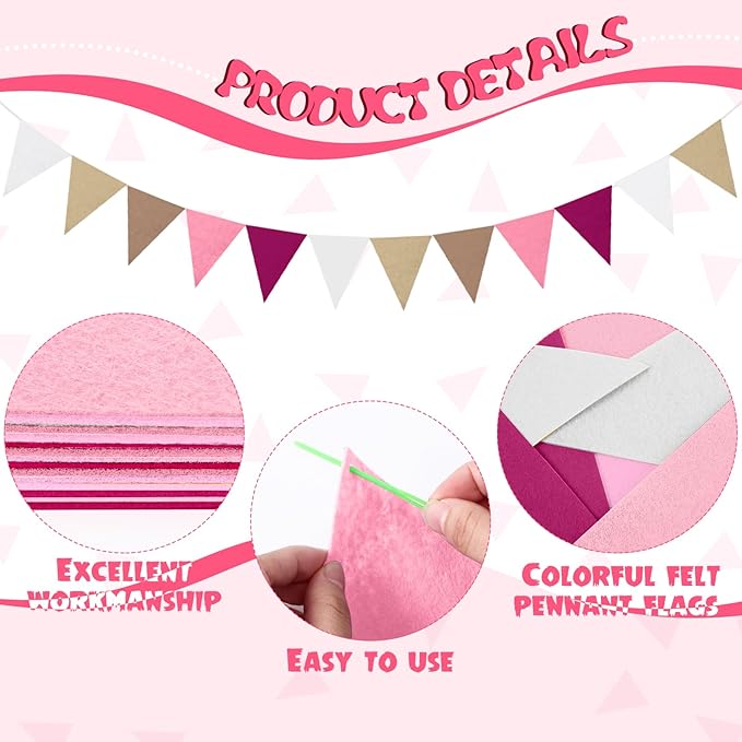 Irenare 9.8 ft Pom Pom Garland Felt Rainbow Garland 2026 Graduation Party Decoration Colorful Pennant Tassel Banner Back to School Birthday Triangle Banner for Classroom School Mantel(Pink)