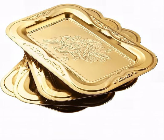 4-Pack Gold Serving Trays Set - ZENOVLUX Lightweight Bow Floral Engraved Mirror Decorative Tray, 13.8" x 8.7" Wedding Party Platters for BBQ, Food, Appetizer, Charcuterie, Cookies, Desserts