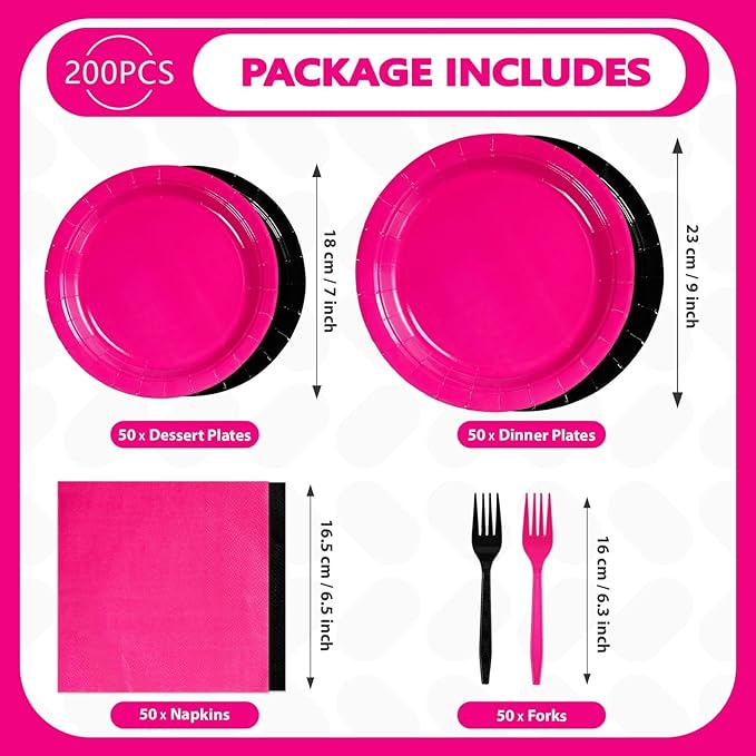 200Pcs Hot Pink and Black Birthday Decorations Hot Pink Party Plates and Napkins Disposable Heavy Duty Pink and Black Tableware Set for Valentine?™s Day Girls Women Birthday Bridal Shower Gender Reveal