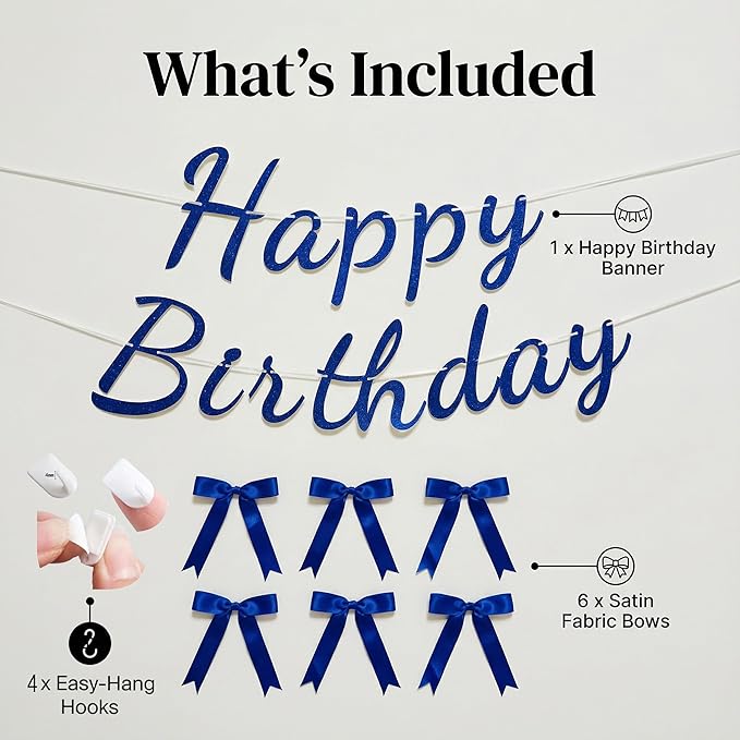 Happy Birthday Banner, Pre-Strung Blue Glitter Birthday Sign with Satin Bows, Pre-Assembled Adjustable Birthday Party Decorations for Women Men Kids Adults, Indoor Outdoor Milestone Birthday Party Supplies