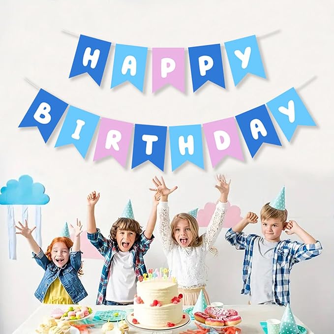 ZHENGYE Blue Pink Happy Birthday Banner - Blue Theme Party Sign for Kids & Girls Birthday Decorations