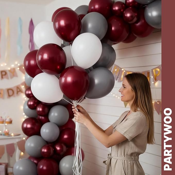 PartyWoo Burgundy White and Gray Balloons 66pcs 12 Inch Burgundy Maroon White Grey Balloons for Graduation Baby Shower Birthday New Year's Eve Anniversary Bachelorette Retirement Party Decorations