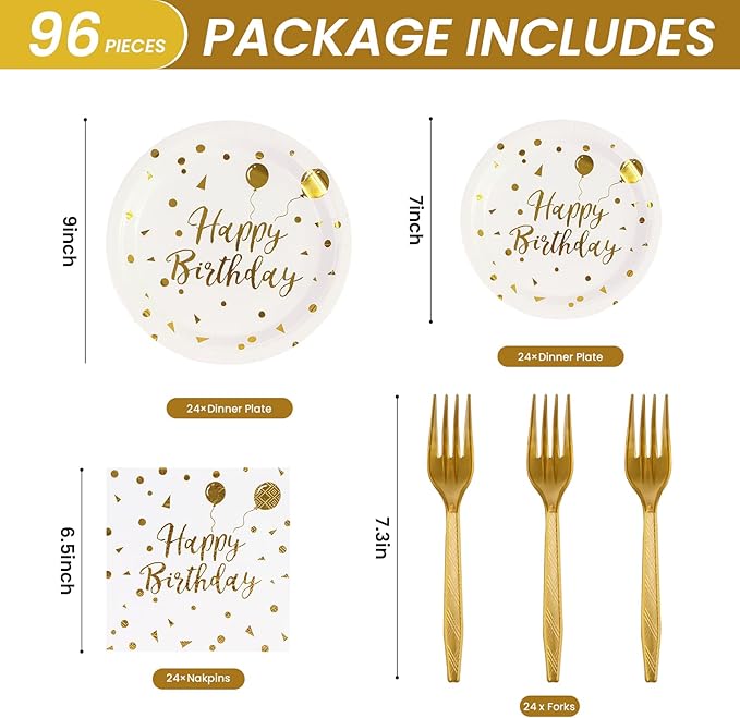 96PCS Happy Birthday Plates and Napkins Party Supplies, White and Gold Disposable Paper Plates and Napkins with Forks Tableware Set for Birthday Party Decorations 24 Guests (Birthday White)