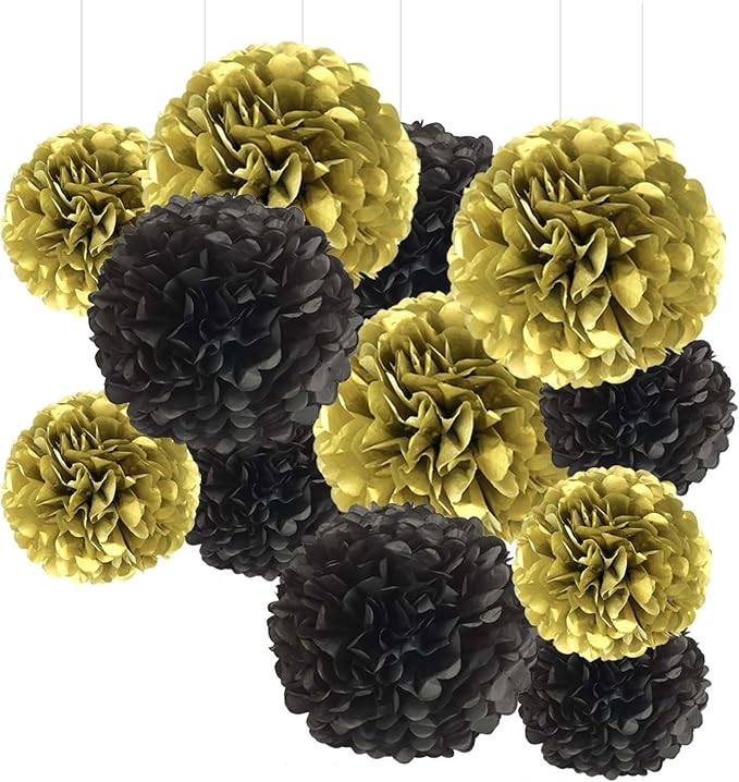 Black and Gold Tissue Paper Pom Poms Hanging Tissue Flowers Poms Decorations Pack of 12 for Wedding, Birthday,Party Backdrop Decor ect. (12", 10",Tissue Paper Flowers)