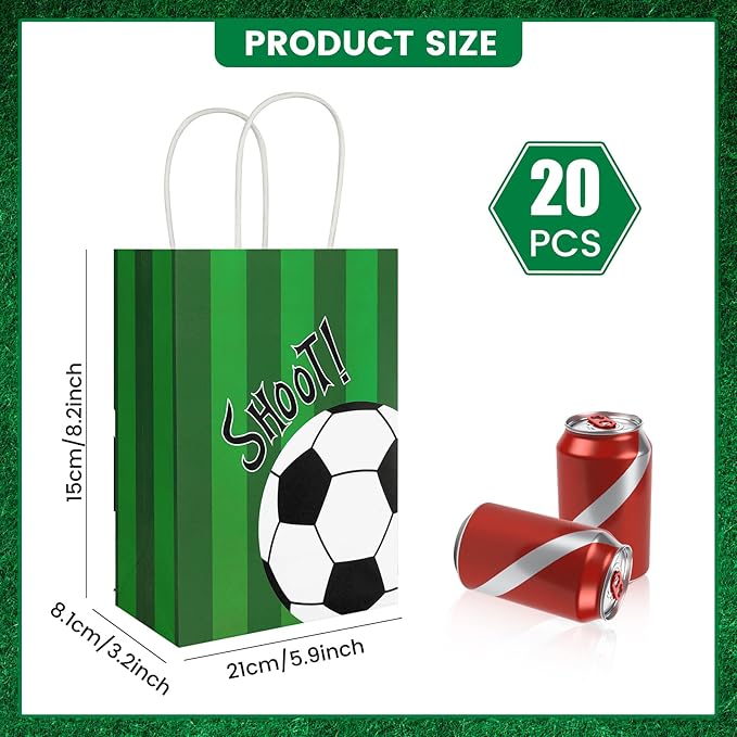 Ethanberg 20Pcs Soccer Party Favor Bags with Handles, Soccer Themed Kraft Paper Gift Bags Candy Bag, Shoot Theme Goodie Bag for Sport Team Ball Events Theme Birthday Party Supplies