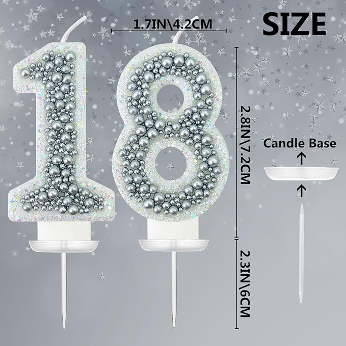 18 Birthday Number Candle for Cake, Glitter Number Candle with Silver Beads, Decorative Cake Topper for Milestone Celebrations