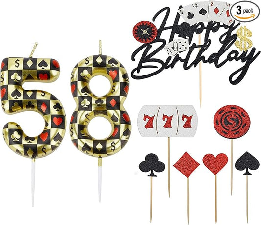 Casino Birthday Number Candles for Cake, Poker Birthday Candles for Casino Themed Birthday Party Decoration, Glitter Casino Birthday Cake Topper for Casino Night Theme Birthday Cake (Number 58 & 85)