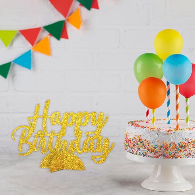 Happy Birthday Table Centerpiece, Gold Glitter Birthday Party Paper Free Standing for Men Women, Anniversary Script Table Centerpiece Party Supplies
