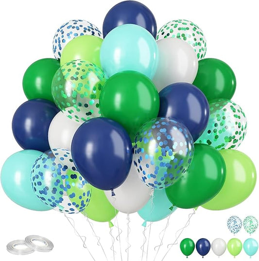 Blue and Green Balloons 60PCS Green and Blue Balloon Set, 12 Inch White Metallic Confetti Latex Balloon for Jungle Dinosaur Kids Boys Birthday Baby Shower Wedding Graduation Party Decor