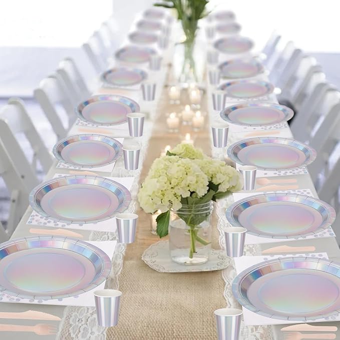 200PCS Iridescent Party Decorations Supplies, Paper Plates and Napkins Set, Iridescent Party Tableware Set for Mermaid Unicorn Birthday Wedding Party, Serve for 25 (Iridescent Set)