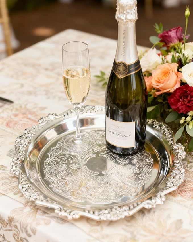 Silver Decorative Tray Set of 2, 10'' Round Vintage Metal Serving Tray, Medium Ornate Coffee Table Centerpiece, Vanity Tray for Perfume, Jewelry, Party Decor