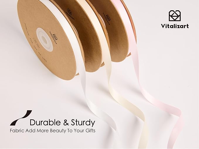 Vitalizart Pink & White Satin Ribbon 3/8” x 3 Rolls 120 Yards Ribbon for Gift Wrapping Hair Craft Party Decoration Flower Bouquet Wedding Double Face Light Pink Cream White