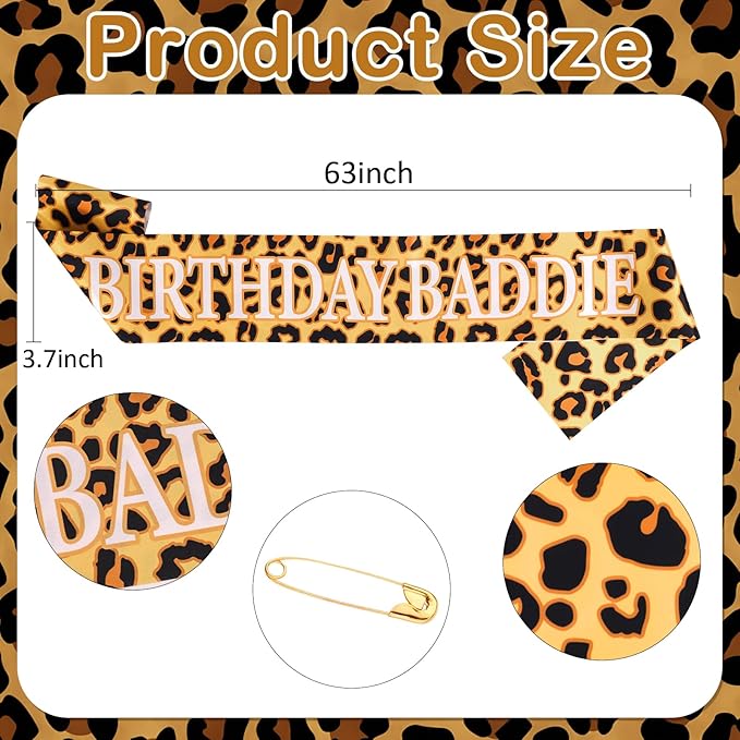 Cheetah Print Happy Birthday Decorations- BIRTHDAY BADDIE Leopard Birthday Sash, Funny Bday Decoration Accessories for Women Party Favors Supplies
