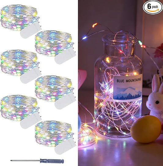 6 Pack Easter Fairy Lights Battery Operated - Easter Decor 7ft 20 LED Copper Wire Mini pastel String Light Firefly for Mason Jars DIY Crafts Christmas Wedding Party Centerpiece Table Easter Decor