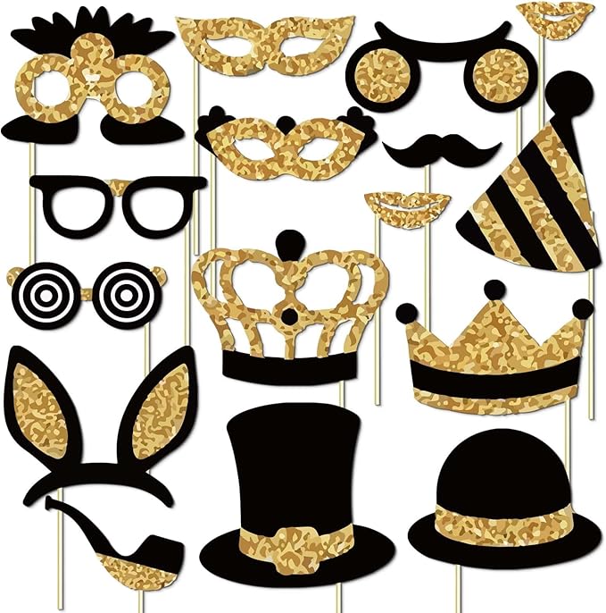 16 PCS Birthday Photo Booth Props Kit, Black & Gold Party Photo Booth Props Set, Easy-to-Assemble DIY Party Shooting Props, Birthday Selfie Props, Prom Photo Booth Prop for Women, Girls
