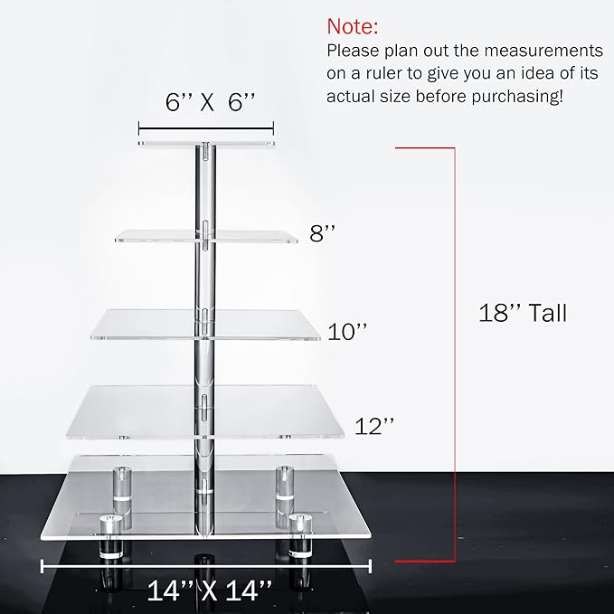 Jusalpha Large 5 Tier Cupcake StandAcrylic Square Wedding Cake Stand/Cupcake Tower/Dessert Stand/Pastry Serving Platter/Food Display Stand (5SF)