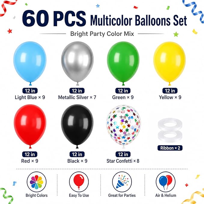 Multicolor Balloons, 60Pcs Red Yellow Blue Balloon, 12 Inch Latex Colorful Metallic Silver Green Black Red Blue Yellow Confetti Balloons Helium for Baby Shower Kids Birthday Wedding Party Decorations