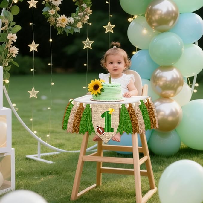 Football Theme 1st Birthday High Chair Banner Green and Brown Yarn Tassel Garland 1 Year Old Birthday Party Decoration with Football Gold Trophy Patterns and Wood Beads for Photo Booth Props