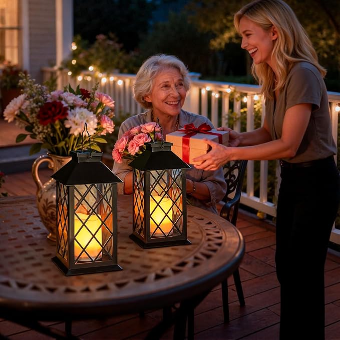 [2 Pack] TAKE ME Black 14" Solar Lanterns Outdoor Waterproof Garden Lanterns LED Candle Lights for Garden Outdoor Decor Mothers Day Gifts