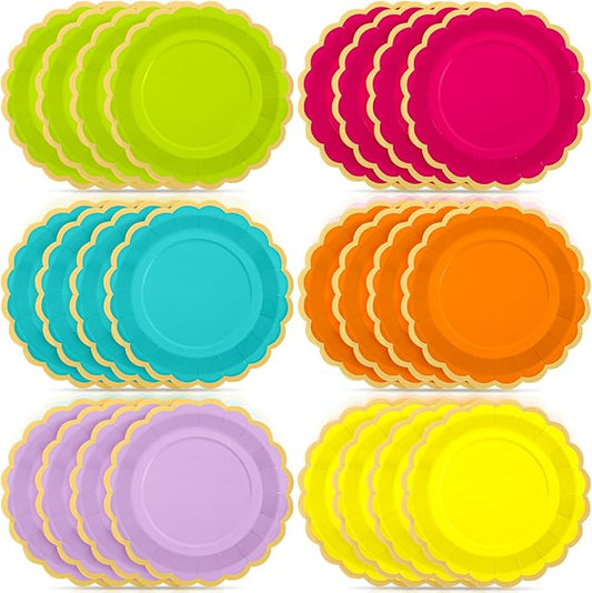 48 Pcs Neon Colorful Paper Plates 9 Inch Gradient Scalloped Paper Plates Disposable Dinner Dessert for Birthday Wedding Bridal Party Supplies, 6 Colors
