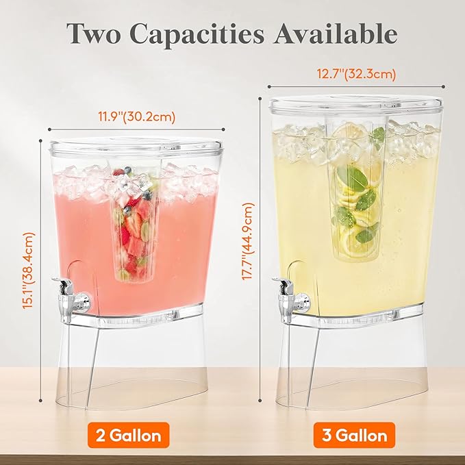 Lifewit 3 Gallon Drink Dispenser for Parties 2 Pcs, Large Plastic Beverage Container for Juice/Tea/Soda with Stand & Ice Core, Clear Lemonade Dispenser with Spigot, BPA Free Water Pitcher for Hosting